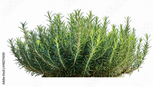 the rosemary plant salvia rosmarinus rosmarinus officinalis is a herbaceous perennial shrub presented as a frontal bush isolated on white background cut out