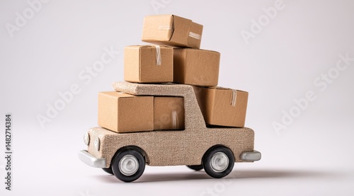 A toy truck loaded with cardboard boxes.  The miniature vehicle is carrying a stack of boxes, suggesting a delivery or moving service photo