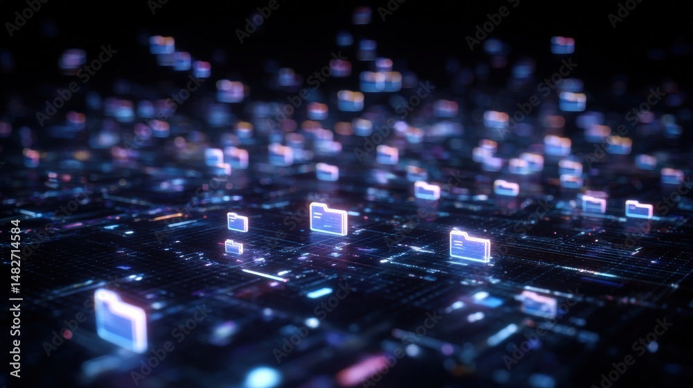 Fototapeta premium Abstract network grid with files and folders, futuristic software interface, digital document management system, store, search and organize documents, corporate business, paperless office. banner,