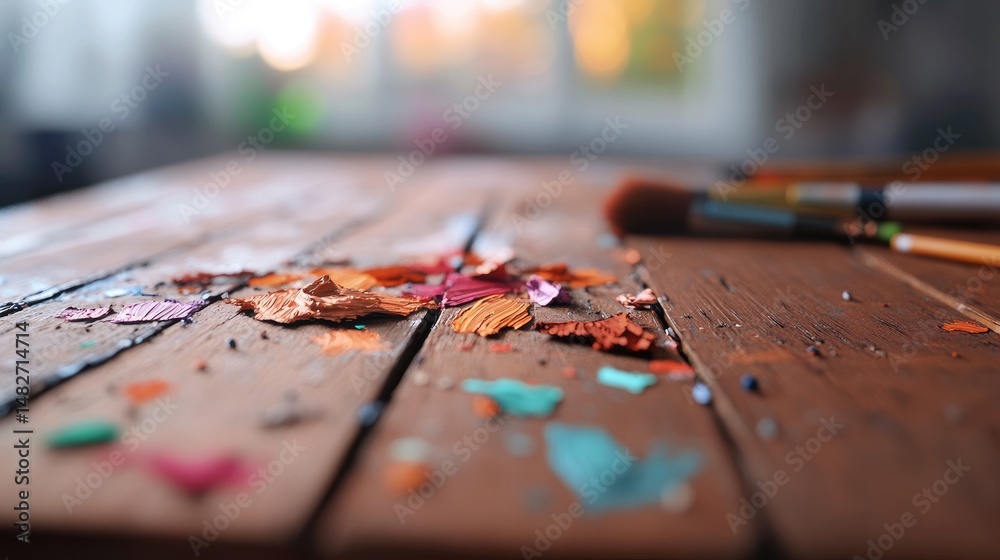 Naklejka premium Paint splatters on a wooden table
