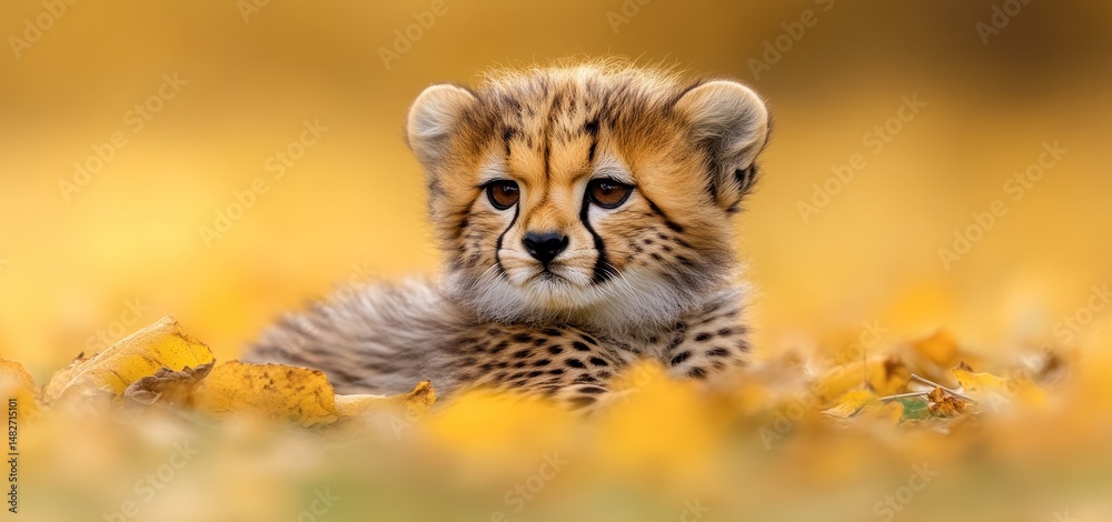 Obraz premium Adorable Cheetah Cub Amidst Autumn Leaves