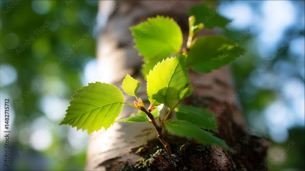 New green leaves emerge from a birch tree trunk in a sunny forest during springtime