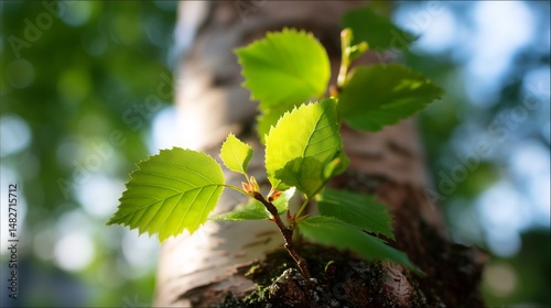 Obraz na płótnie New green leaves emerge from a birch tree trunk in a sunny forest during springtime w salonie