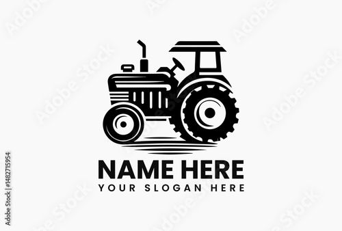 Minimalist black silhouette of antique farm tractor with oversized wheels on pure white background. Rural life concept