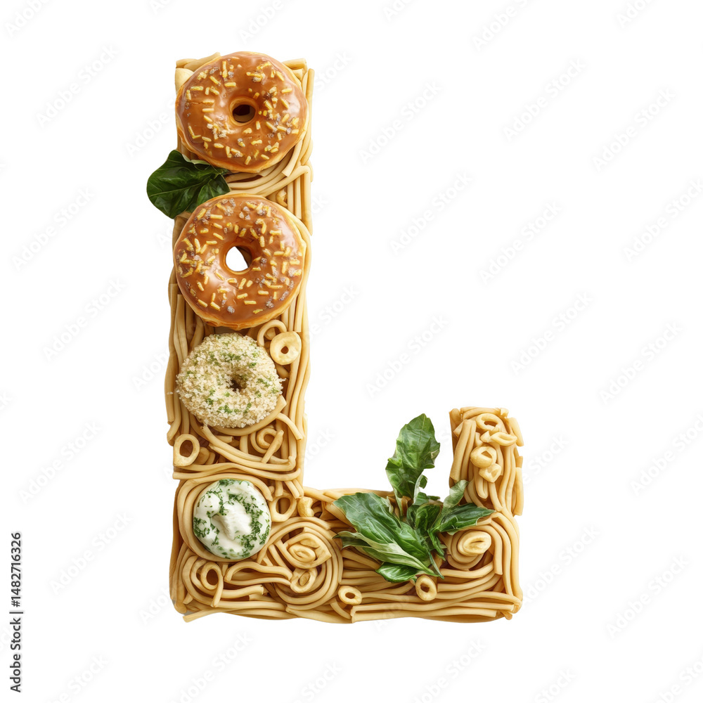 Fototapeta premium Creative food art letter L made with pasta and decorated with donuts and green leaf accents for culinary design