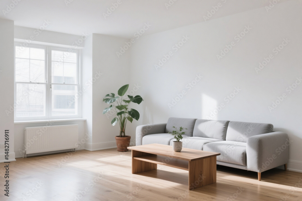 Fototapeta premium Modern and minimalist living room interior design with sunlight and plants