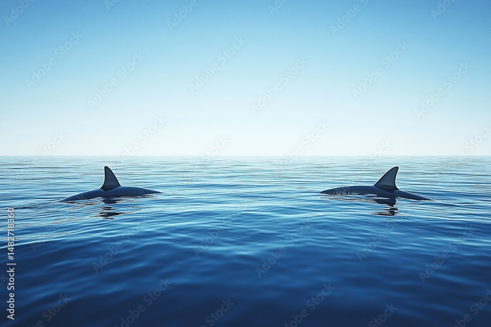 Naklejka premium Twin shark fins piercing the surface of a calm, endless blue ocean, creating visual intrigue