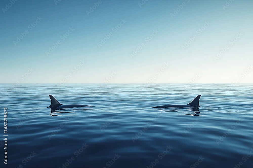 Fototapeta premium Serene ocean scene showcasing two orca fins breaking the water surface