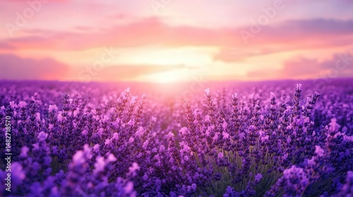 lavender field under pastel-colored skies at dusk, with soft pink and purple tones blending seamlessly