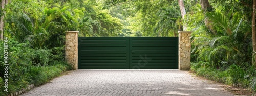 Green gate on a stone driveway surrounded by lush greenery in a serene atmosphere during daylight