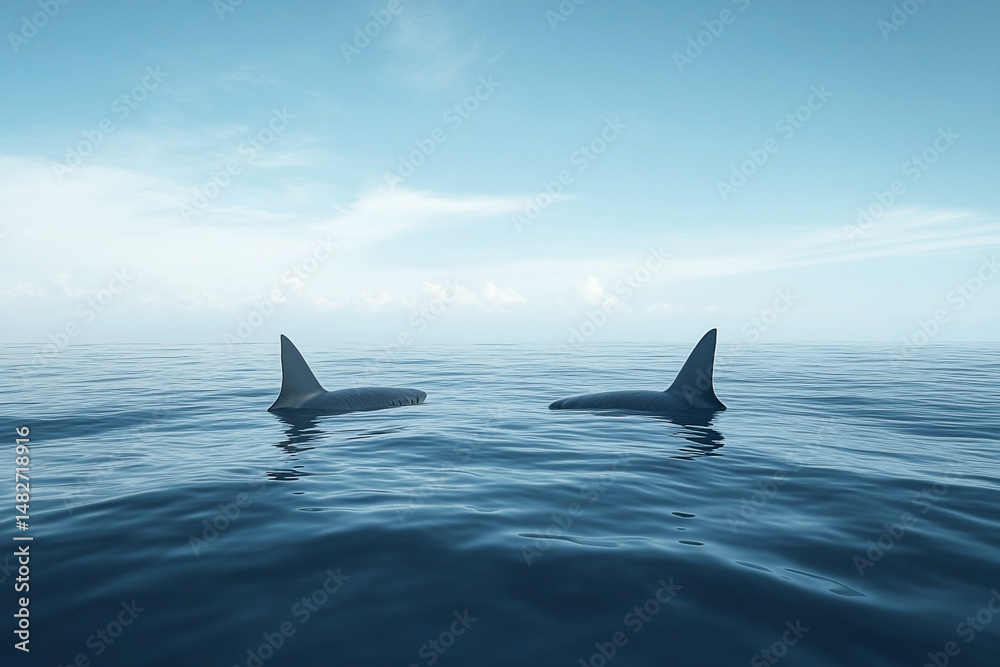 Fototapeta premium Two Orcas Gracefully Swimming in the Vast, Serene Waters Under a Pastel Sky