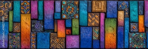 A vibrant multicolored mosaic tile texture with artistic geometric patterns perfect for backgrounds, designs, and decorative projects.