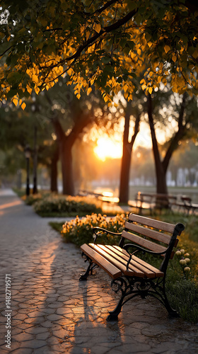 Park bench basks in golden sunrise glow