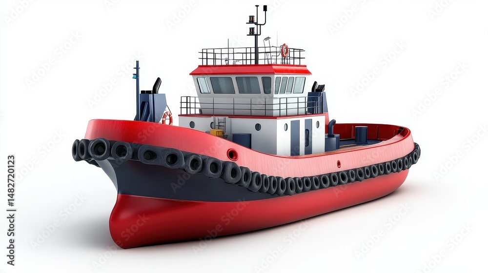 Fototapeta premium A tugboat clipart, port assistance element, 3D illustration, navy and red, isolated on white background
