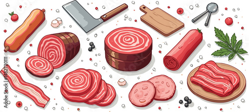 Create a Different types of Cured Meat. Salami, Ham, Bacon, Sausages and other Cold Meat Products. Butcher Shop Symbols. Flat Line Vector Illustration and Icons set with white background.