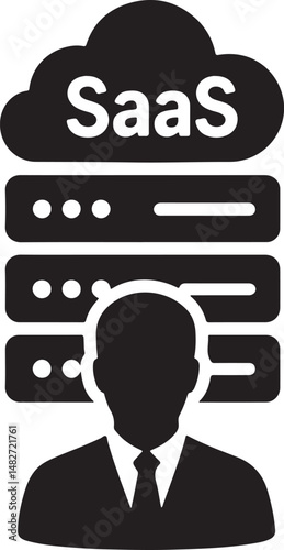 Silhouette vector of SaaS cloud server with data storage and network icons, ideal for IT, software, and cloud computing themes.