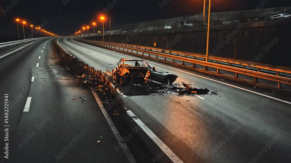 Abandoned car wreck on a deserted highway at night with streetlights illuminating the scene