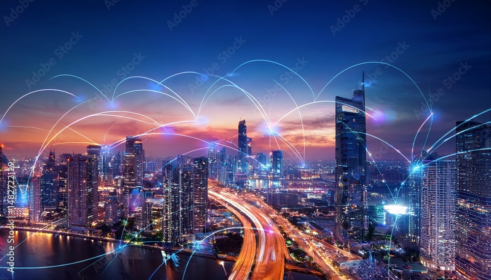 Fototapeta premium stunning skyline of futuristic smart city s et showcasing tall buildings illuminated by city lights sky is filled with vibrant colors and network of digital connections is visible