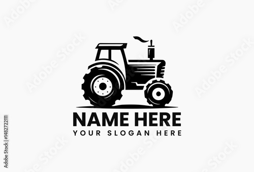 Black and white silhouette of old-fashioned agricultural tractor with prominent wheels on clean background. Farming history concept