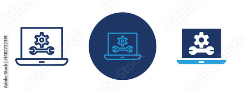 Set of 5 pixel perfect colored Repairing laptop icon with 1 unexpanded, 1 silhouette,  Icon of a laptop being fixed with tools, representing tech repair or maintenance.