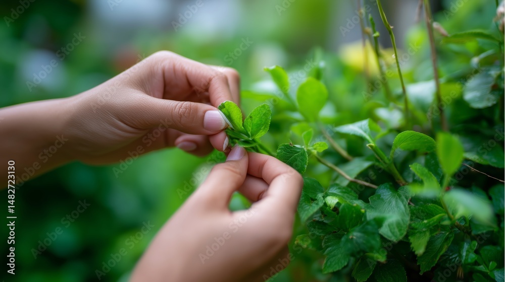 Hands gently picking fresh green leaves in a lush garden during daylight