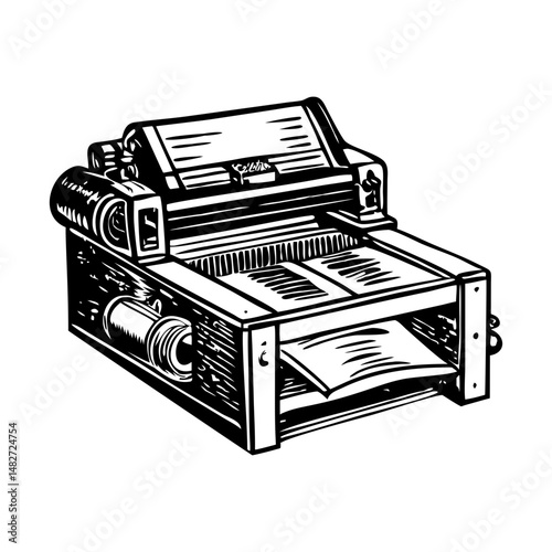 A vintage style illustration of a printing machine