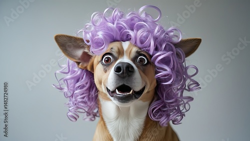Hilarious Dog Wearing a Bright Purple Curly Wig