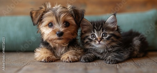 Adorable Puppy and Kitten Friends: A heartwarming image of a Yorkshire Terrier puppy and a fluffy kitten cuddling together.