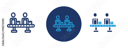 Set of 5 pixel perfect colored Assembly line icon with 1 unexpanded, 1 silhouette,  Factory conveyor with items moving and robotic arms working on production.