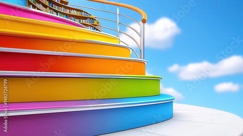 Vibrant rainbow colored spiral staircase ascending towards a bright blue sky with fluffy white clouds. Bookshelves are visible on the upper section of the stairs. The scene is whimsical and uplifting. photo