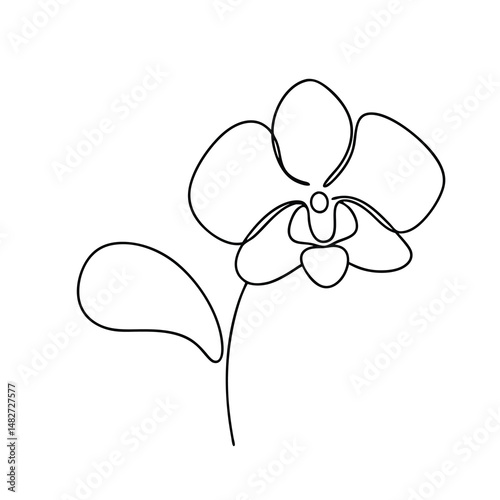 Minimalist one line drawing of an orchid flower with leaf and stem