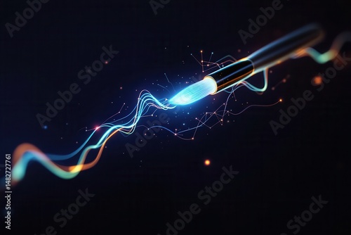 Abstract digital art featuring a glowing pen and colorful light trails.