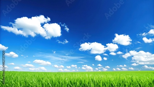 Vibrant blue sky with fluffy clouds over a lush green field, creating a serene landscape.