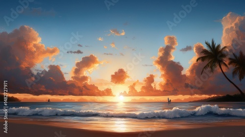 Serene Sunset Over Calm Ocean with Lush Palm Trees on Beach