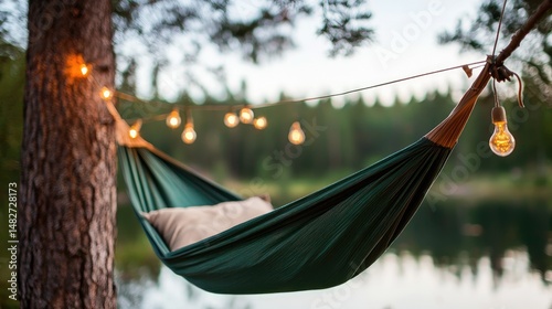 Tranquil Hammock Under Glowing Lights by the Serene Lake