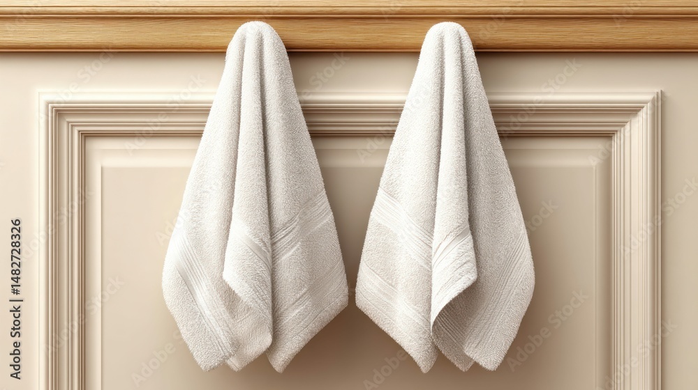 Two clean, white towels hang on a wall with intricate molding. The scene conveys tranquility and relaxation within a bathroom. Two clean, white towels hang on a wall with intricate molding. The scene conveys tranquility and relaxation within a bathroom.