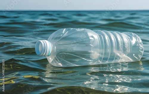 A plastic bottle floating in the sea, Environmental pollution
