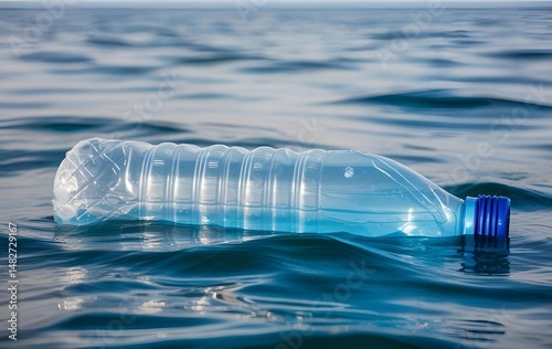 A plastic bottle floating in the sea, Environmental pollution