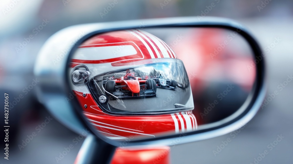 Naklejka premium A formula one race is seen reflected in a racing helmet's side mirror, showcasing the thrilling competition.