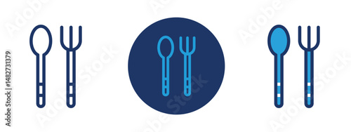 Set of 5 pixel perfect colored Spoon and fork icon with 1 unexpanded, 1 silhouette,  Cutlery set of spoon and fork representing food or dining.