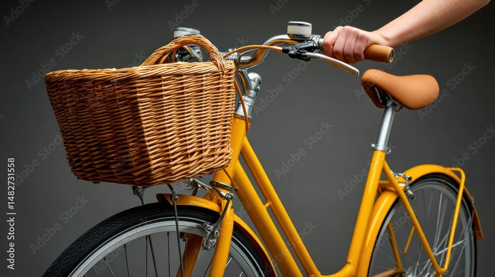 Obraz premium A close-up shot of a stylish yellow bicycle with a wicker basket, captured against a soft gray backdrop. The handlebars are being held.