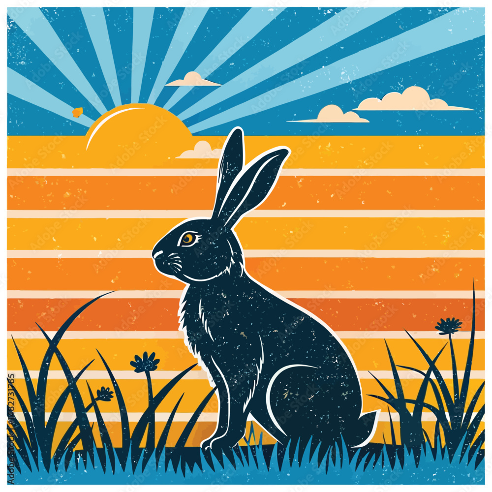 bunny silhouette on retro stripes with a sun vector t shirt design 