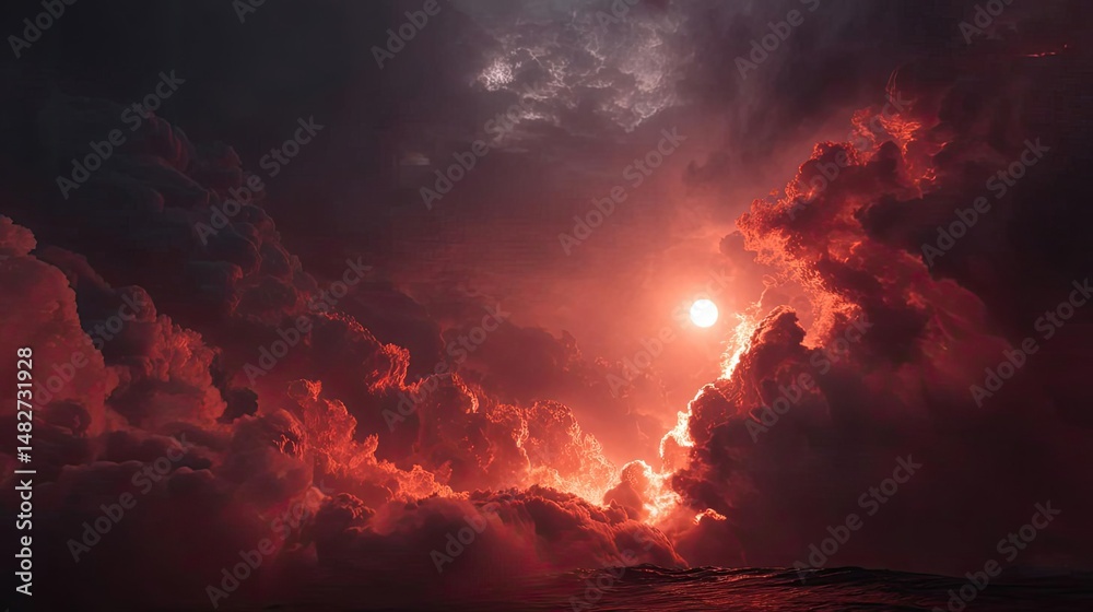 Fototapeta premium Red moon behind black clouds above dark smoky flames concept. Dramatic sunset clouds create a stunning visual impact in nature.