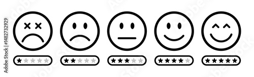 Smiley face icons showing feedback levels with star ratings. Customer satisfaction scale from very bad to excellent. Colorful emojis for review, survey, and user experience design. vector, symbol.