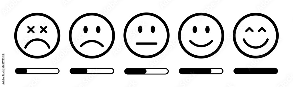 Fototapeta premium Outlined black emoticons showing customer satisfaction levels from poor to excellent with progress bars. Perfect for surveys, feedback, reviews, and rating forms. Feedback, rating.