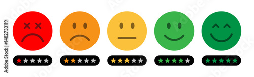Smiley face icons showing feedback levels with star ratings. Customer satisfaction scale from very bad to excellent. Colorful emojis for review, survey, and user experience design. Feedback, emoji.