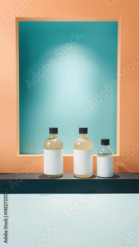 Minimalist bottles on display against a pastel background with geometric shapes