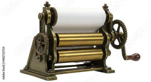 Antique metal printing press machine with paper roll isolated PNG with Transparent Background