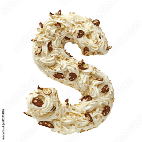 Creative dessert shaped like a dollar sign made from whipped cream and chocolate chips on a white background
