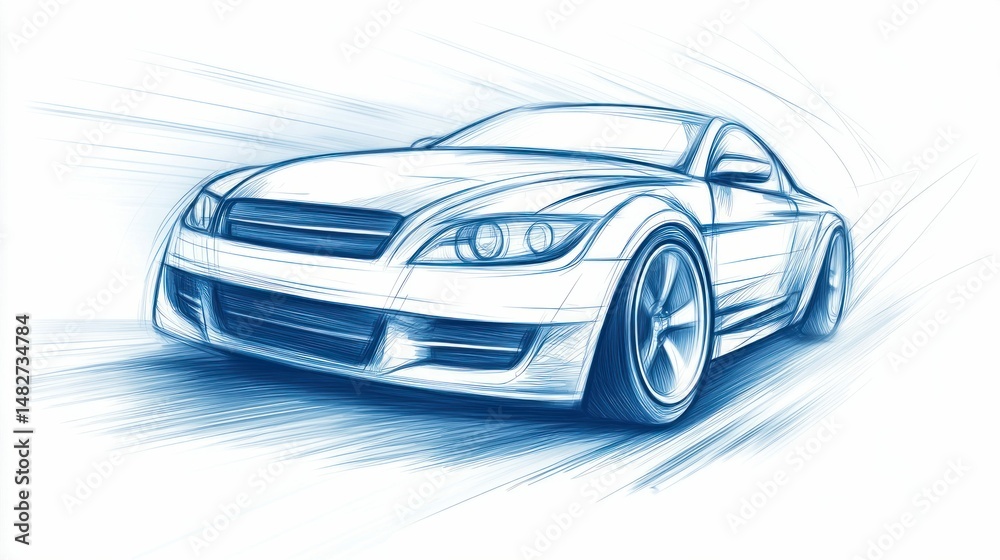 Fototapeta premium A detailed artistic sketch of a modern sports car, rendered in shades of blue against a white background, perfect for design.